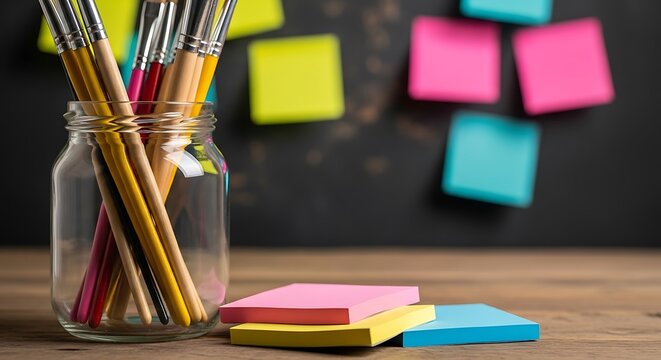 Glass jar filled with colorful paint brushes on wooden table with sticky notes paintbrushes