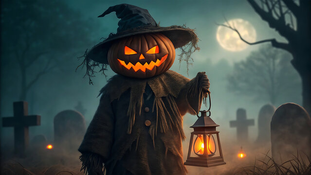 Scary jack o lantern scarecrow holding lantern in foggy graveyard at night