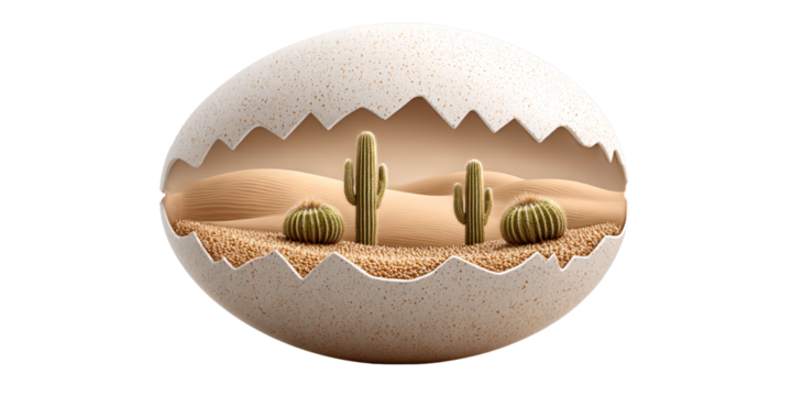 Surreal desert landscape with cacti inside cracked eggshell Conceptual nature scene with sand dunes and succulent plants Concept of fragility, new life, and desert ecosystem