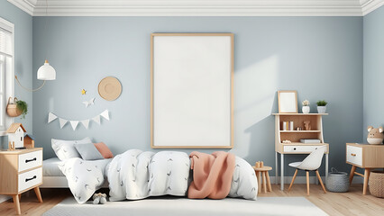 Blank mock up poster frame in children bedroom scandinavian style interior background 3D render 3D i