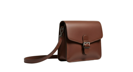 A brown leather shoulder bag with a buckle closure.