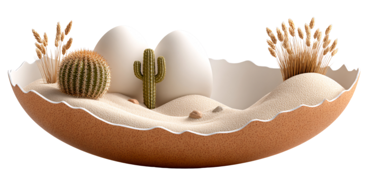 Surreal desert landscape with cactus and eggs in cracked eggshell Conceptual still life of arid environment, nature, and fragility