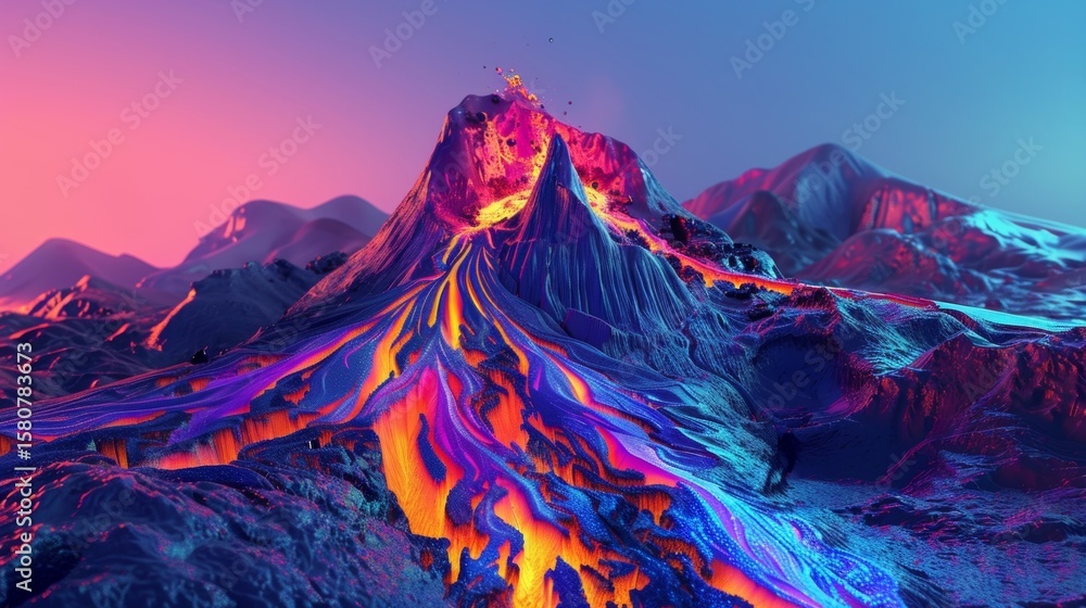 Aufkleber stylized geometric magma flowing from the peak of a volcano in a vibrant display of color.