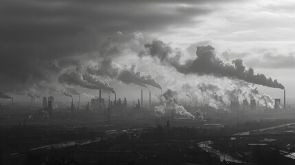 Pollution in urban areas  factories contributing to poor air quality with smoke emissions