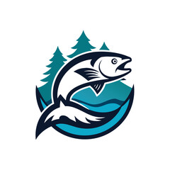 Obraz premium Modern Fishing Club Logo with Leaping Fish and Lake