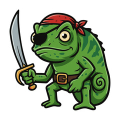 Obraz premium Agile cartoon chameleon warrior with a sword. Strength, stealth, martial arts. Dynamic action, powerful combat. Brave and adventurous character. Camouflage.