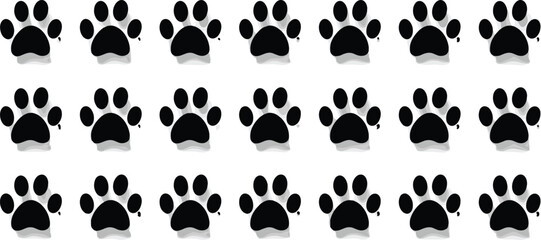 Repeated Black Paw Print Icons: Cute Animal Footprints with Subtle Shadow, Ideal for Pet, Animal, and Nature-Themed Backgrounds or Patterns