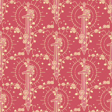 Seamless pattern with fantasy theme, sword and rose, shining light of the knight of beauty.