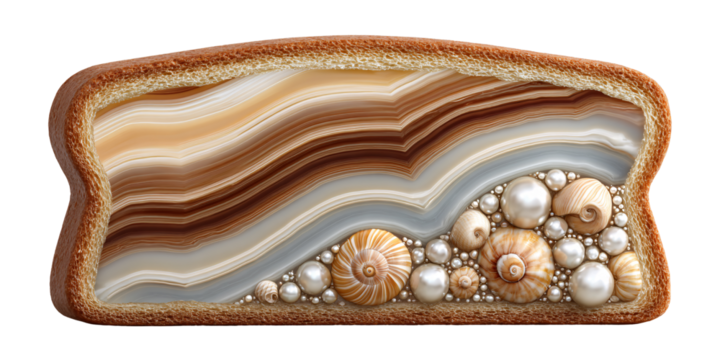 Surreal Toast Slice with Agate Layers, Seashells, and Pearls Conceptual food art with geological and marine elements for unique design and creative projects