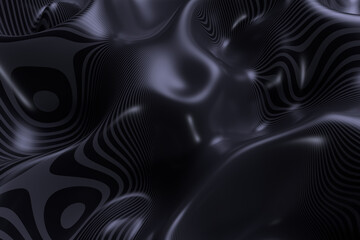 Dark Liquid Topographic 3D Backgrounds — Futuristic Glossy Terrain with Wavy Stripes and Organic Flow, Ideal for Abstract UI Design, Striped Digital Art, Motion Graphics & Tech Presentations