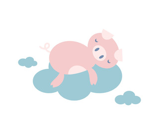 Cute cartoon pig sleeping on a blue cloud with small clouds around. Dreamy and peaceful nursery vector illustration.