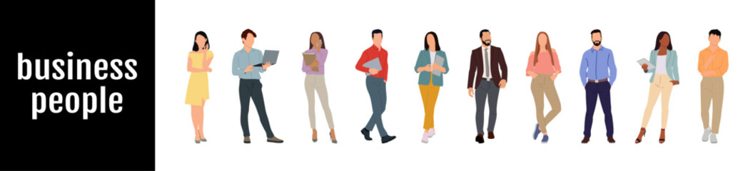 Group of happy diverse business people standing together. Team of colleagues in different ages. Isolated vector illustration.