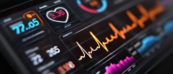 Close-up of a digital health monitor displaying vital signs, including heart rate and ECG.