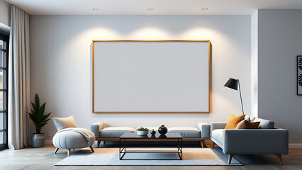 Blank mock up poster frame in hipster interior background living room Scandinavian style 3D render 3