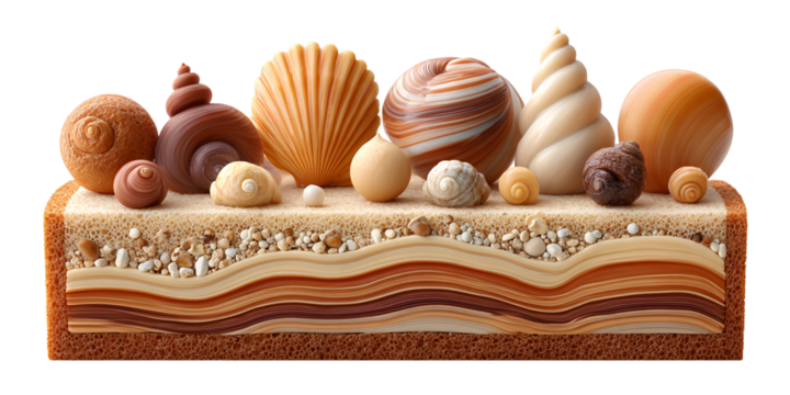 Cross Section of a Beach with Seashells and Sand Layers Conceptual nature scene with marine life and geological strata Artistic rendering of coastal environment
