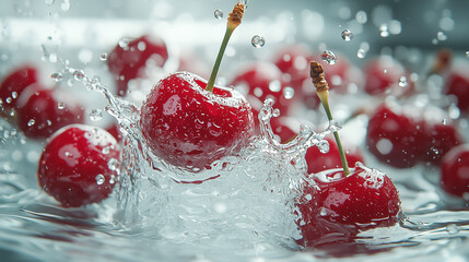 High-Speed Capture of Red Cherries Plunging into Water: Glossy Skins Creating Splash and Ripples, Submerged Bubbles, and Clear Glass on White Surface