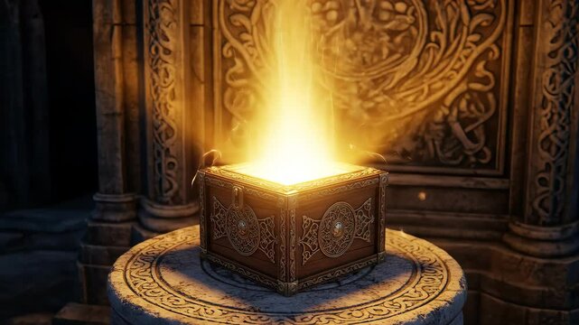 Glowing Wooden Box on Stone Pedestal in Ancient Temple