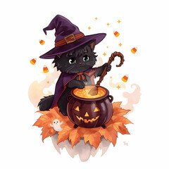 Cute Black Witch Cat Stirring a Pumpkin Cauldron on White Background