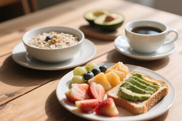 Healthy Breakfast Spread Oatmeal, Avocado Toast, Fruits, and Coffee