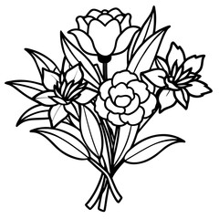 Elegant floral tattoo style line art bouquet on a clean white background