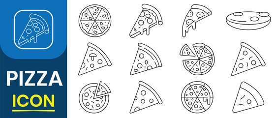 Pizza slice icon. Pizza icons line vector set. Icon cheese and mushroom pizza slice. Fast food sign in different styles. Vector illustration.