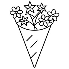 Whimsical cone bouquet with stars and petals on a white background