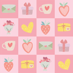 soft pastel grid pattern with love hearts, gifts, strawberries, bouquets whimsical valentine inspired square pattern with romantic icons - seamless vector in warm yellow, purple, blue, pink geometric