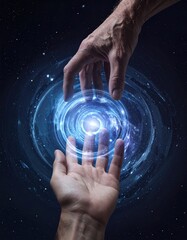 Human Hand Reaching Out with Digital Circular Light Effects in Space Surrounding a Glowing Orb with Stars and Cosmic Background