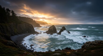 Rocks and cliffs along a rugged coastline with crashing waves and a dramatic sky in the background, concept of raw nature, scenic power, and coastal beauty.