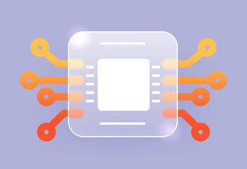 Smart chip with microcircuits glass morphism icon. Vector processor sign