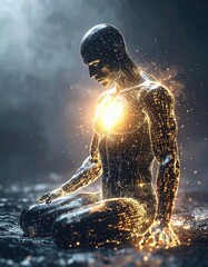 Obraz premium Futuristic humanoid robot with glowing internal light in a meditation pose on a dark misty background representing technology and artificial ligence