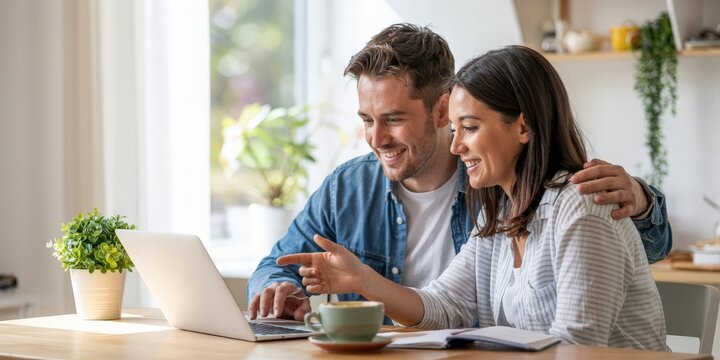 Happy young couple managing finances together on a laptop at home