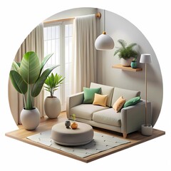 Scandinavian minimalist living room 3D render with cozy neutral interior and daylight