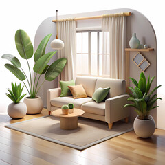 Scandinavian minimalist living room 3D render with cozy neutral interior and daylight