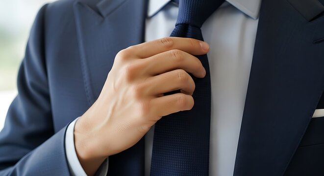 Man in a suit adjusting his dark blue necktie