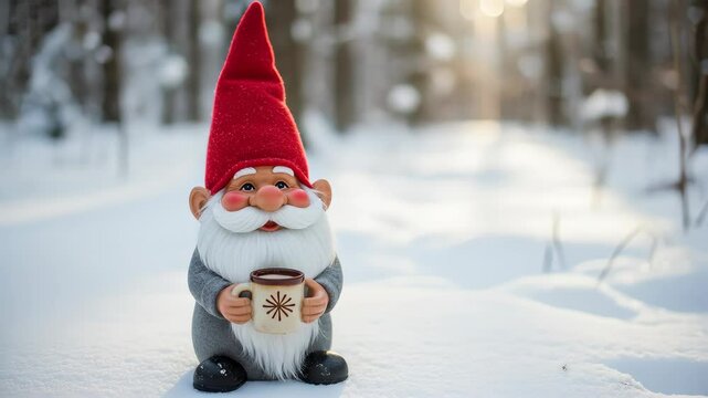 Grey and Red Hatted Gnome Holding Mug in Snowy Winter Forest