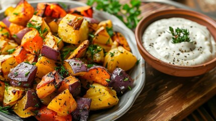 Roasted root vegetables coated in a savory herb marinade served alongside a creamy tahini dipping sauce.