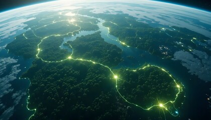 Aerial perspective shows lush green continents and oceans, glowing with networks of bright lights.