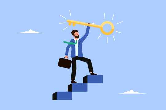 Key to success in business, businessman reached the top of the ladder, and found the key to success. Concept of achieving career goal, winner businessman raises the key to the sky.