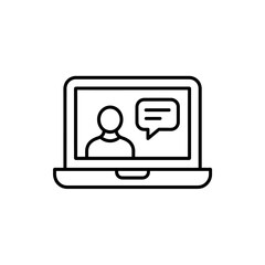 Simple line icon of a person communicating via chat on a laptop screen