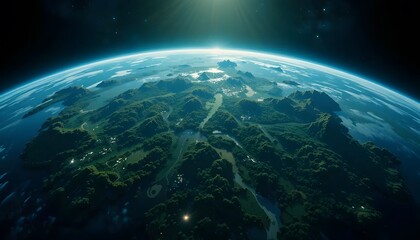 Vibrant, detailed aerial view of a lush, green planet with water features under a blue atmosphere.