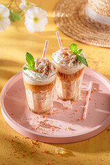 Homemade ice coffee made with Espresso and milk.