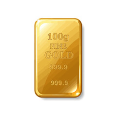 An isolated, shimmering 100g fine gold ingot, meticulously detailed and symbolizing prosperity, is showcased against a pure white backdrop.