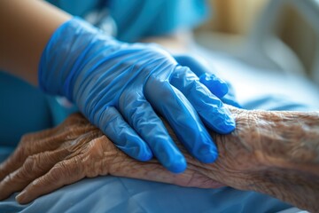 A nurse's hands, wearing blue nitrile gloves, gently hold the wrinkled hand of an elderly patient in a hospital bed. This intimate close-up conveys a profound sense of care, compassion, and support