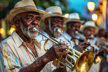An elderly Cuban musician in a straw hat passionately plays his trumpet, leading a band of fellow musicians. The warm, evening light and their joyful expressions evoke a rich sense of cultural heritag