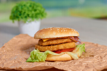 hamburger on a wooden table