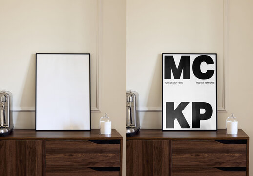 Mockup Of Vertical Customizable Framed Poster On Sideboard