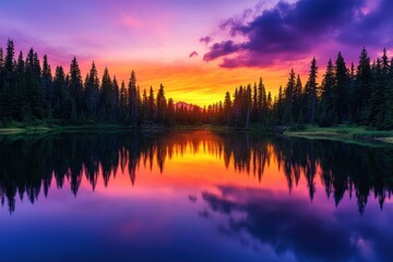Fototapeta premium A breathtaking sunset over a tranquil pine forest reflection natural landscape serene lake vibrant colors wide-angle view nature's beauty