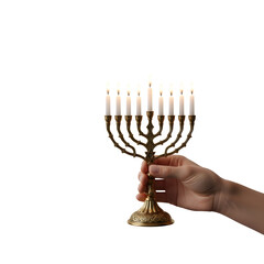 Fototapeta premium Hand Holding a Lit Hanukkah Menorah isolated on a transparent background 