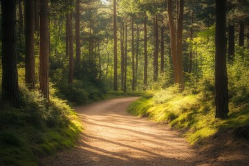 Naklejka premium Winding tranquil path through dense pine forest serene nature scene outdoor environment peaceful viewpoint nature's beauty